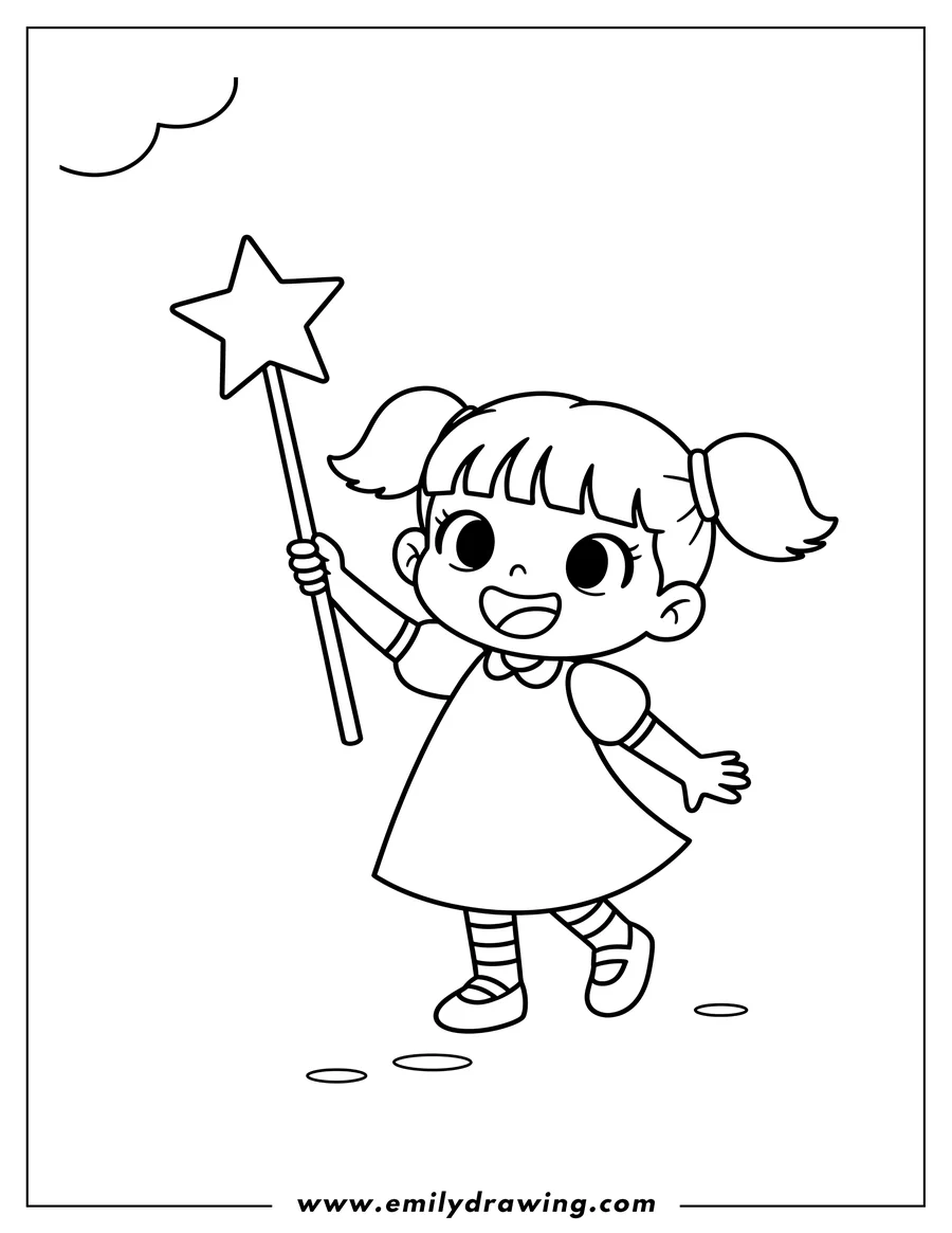 Vector style outline of simple Lala smiling and walking, holding a star-tipped wand