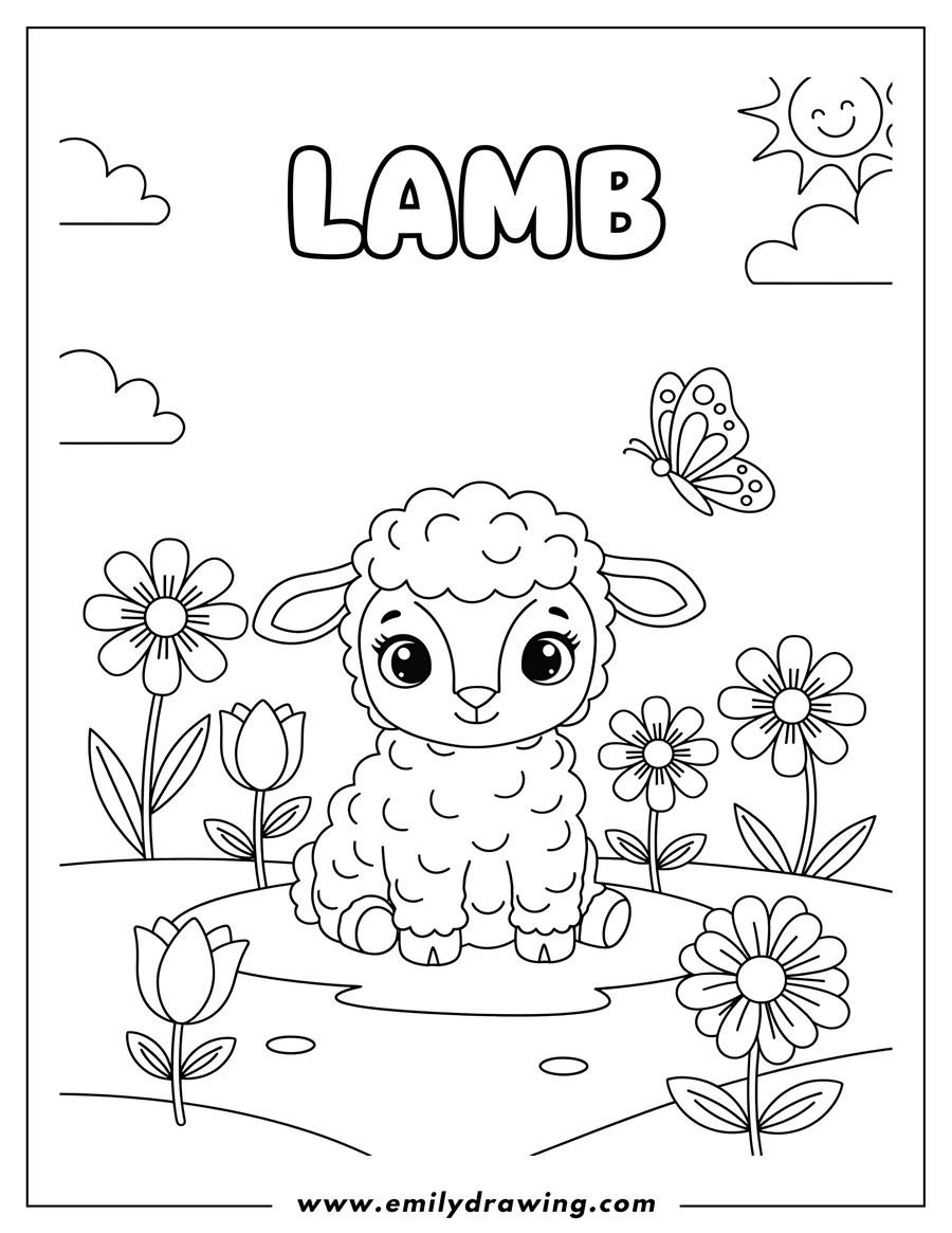 PDF style coloring page: simple Lamb sitting with flowers and a butterfly, with the word LAMB at the top, for preschoolers