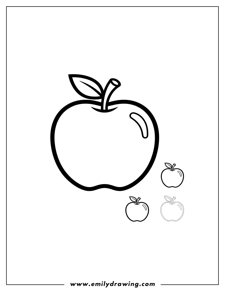 Black and white line art of apple Scaled, featuring a large apple and smaller apples for tracing