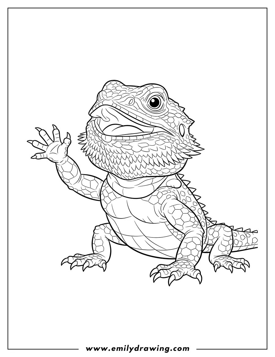 Linear illustration of large Bearded Dragon With Open Mouth, spiky body, and a raised front leg