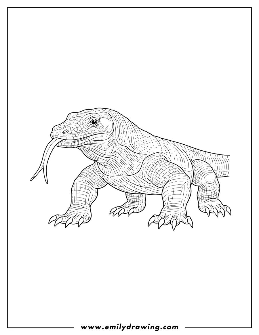 Coloring page for kids: large Komodo Dragon walking with forked tongue out