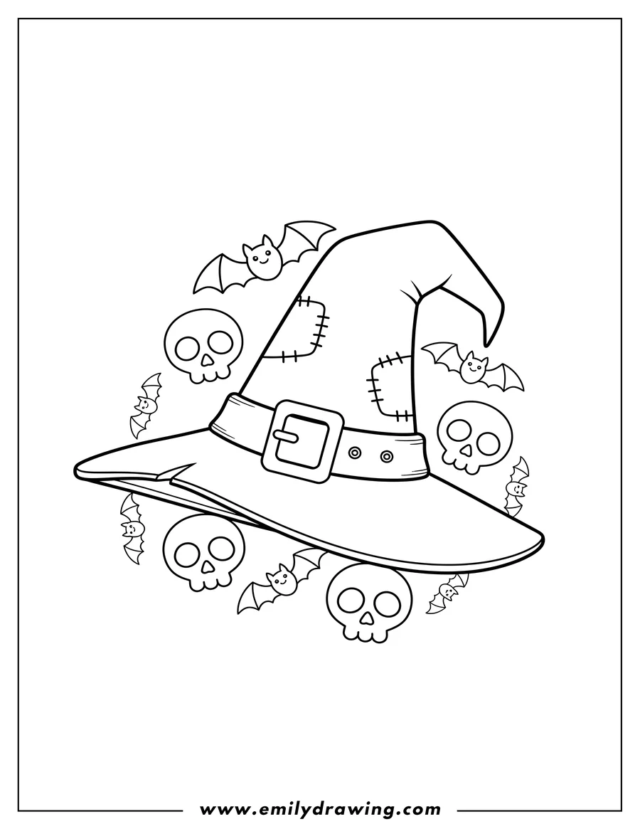 Printable line art of A large witch's hat, surrounded by skulls and bats