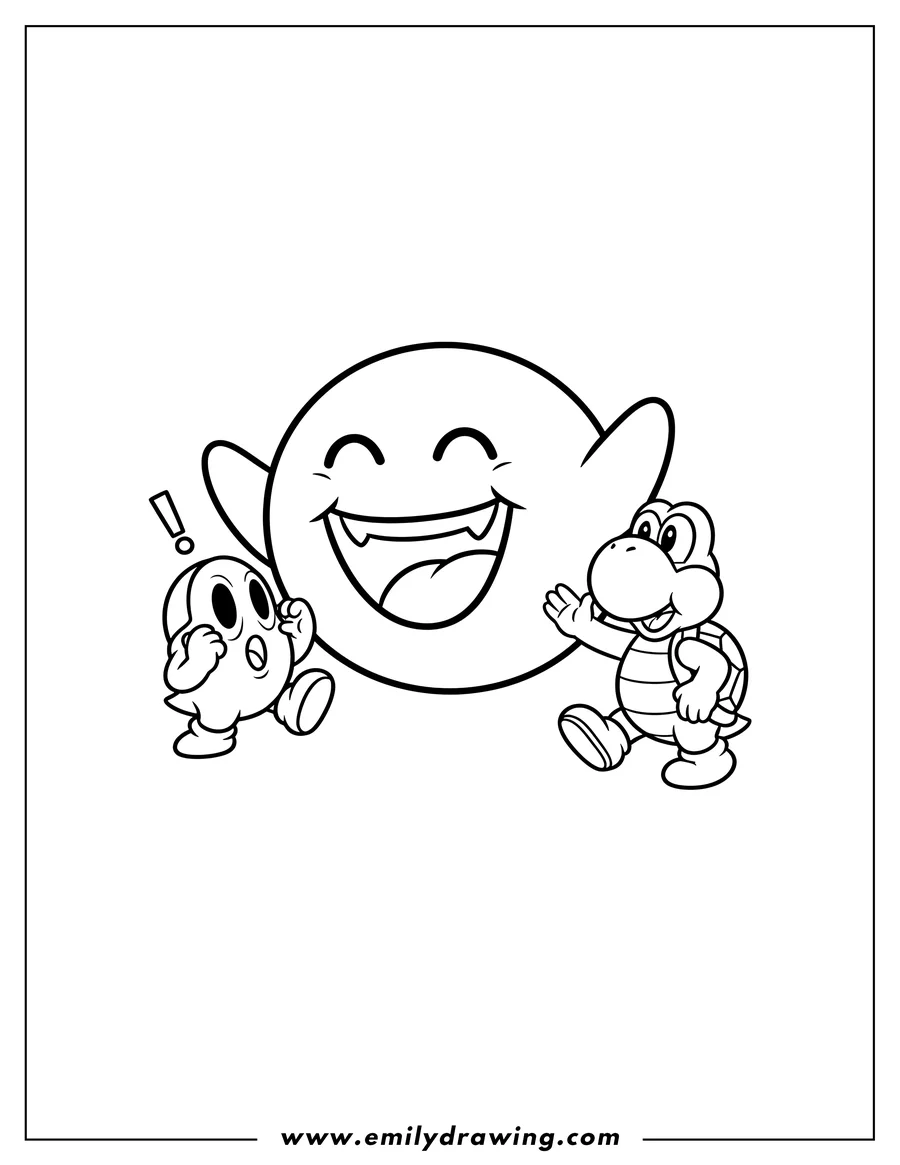 Outline drawing of laughing Boo, surprised Shy Guy, and waving Koopa Troopa