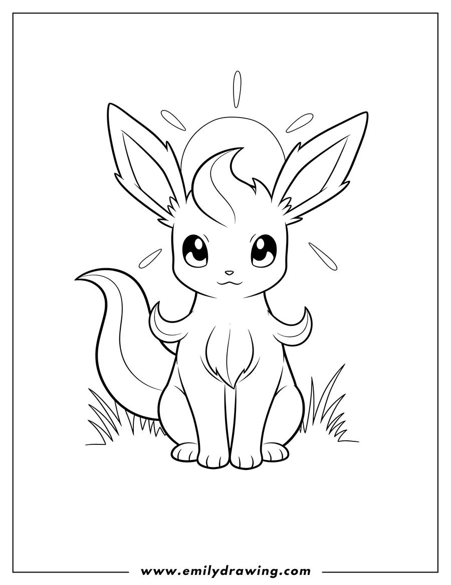Black and white line art of simple Leafeon Outline, sitting, looking forward