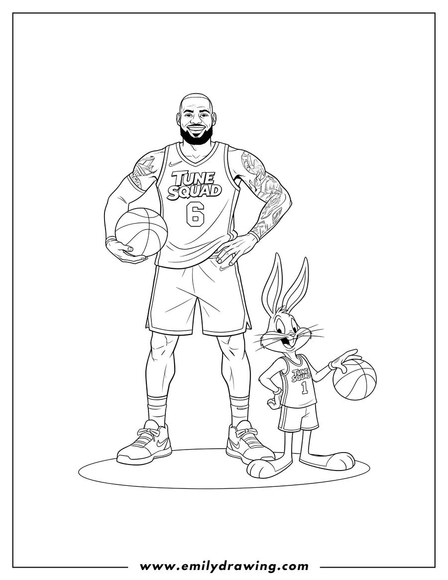 Printable coloring page of lebron James and Bugs Bunny from Space Jam, wearing Tune Squad jerseys and holding basketballs