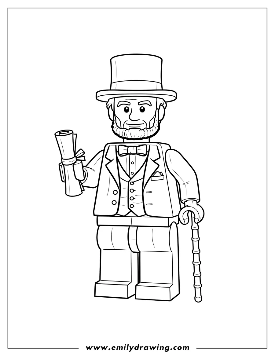 Clean line drawing: lego Abraham Lincoln, holding a document and a cane