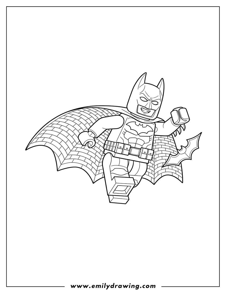 Outline drawing of lego Batman leaping with a flowing cape and a grin