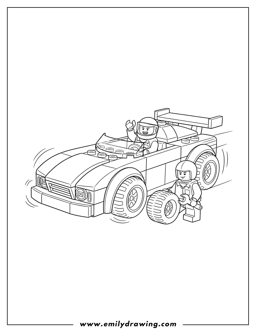 Vector style outline of lego City Race Car with driver waving and a pit crew member