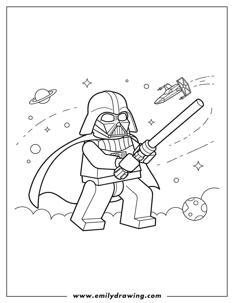 Doodle style coloring picture of simple Lego Darth Vader holding a lightsaber, fighting in space