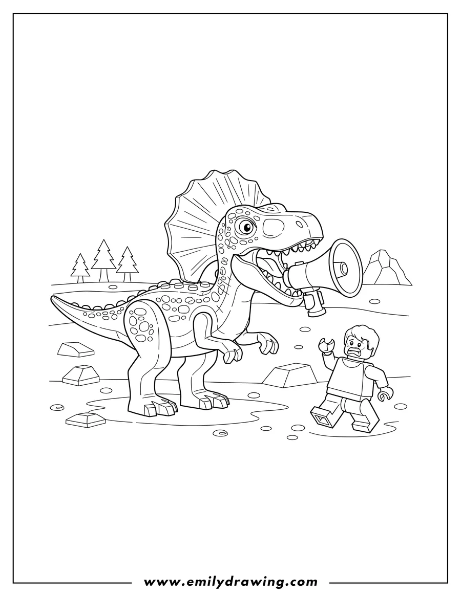 Clean line drawing: lego Dilophosaurus holding a megaphone at a scared Lego man