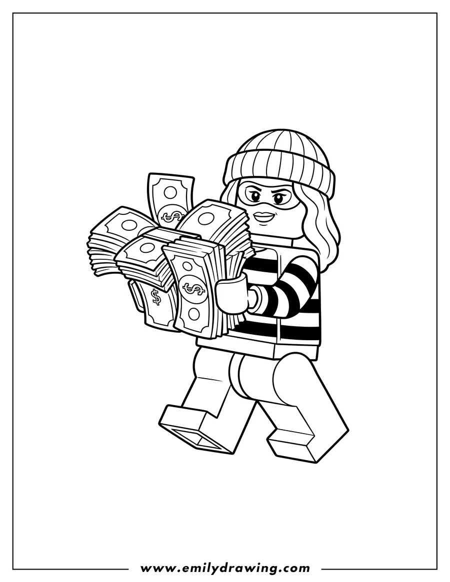 Coloring page for kids: lego Female Thief in a striped uniform, wearing a mask, holding a stack of money