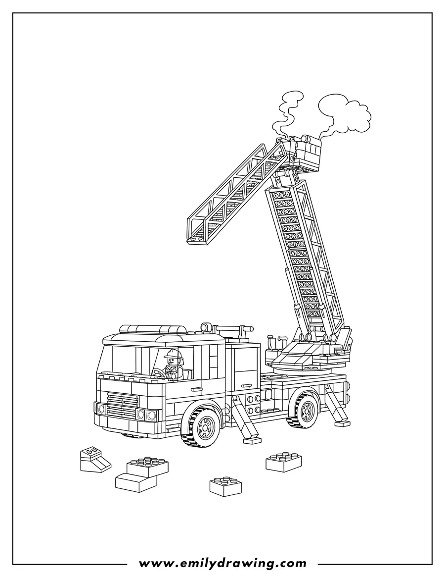 Free printable coloring sheet of lego Fire Truck Scaled with an extended ladder