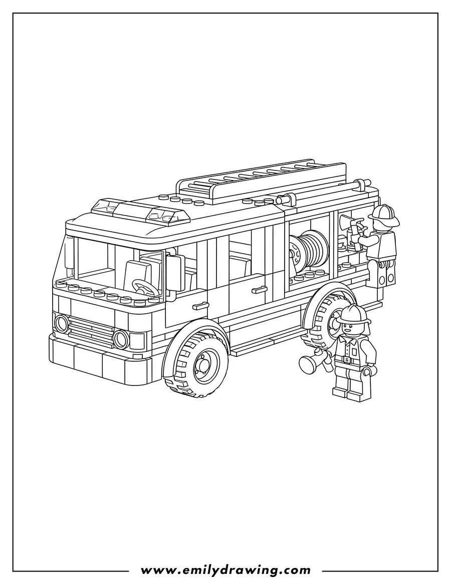 Black and white line art of lego Fire Truck with two firefighters, one retrieving equipment from the open back