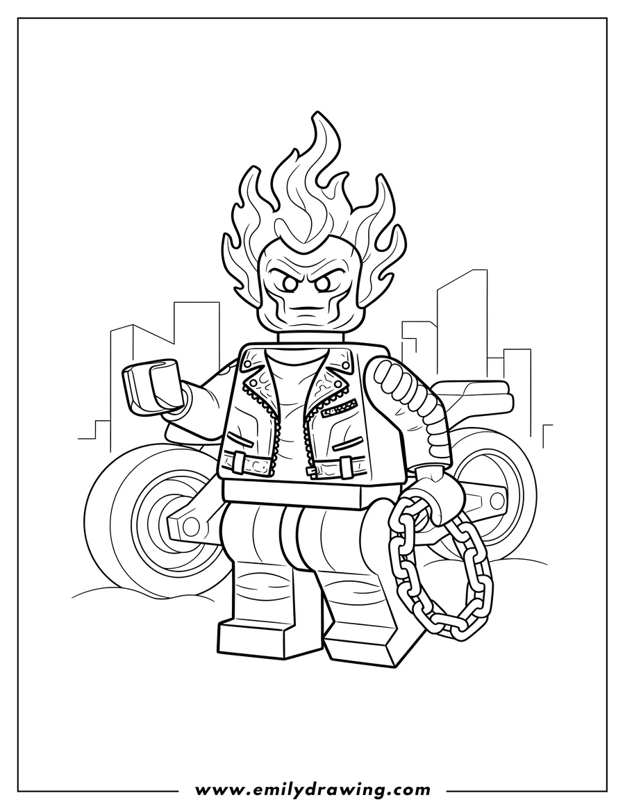 Coloring page for kids: lego Ghost Rider with a flaming head and a biker jacket