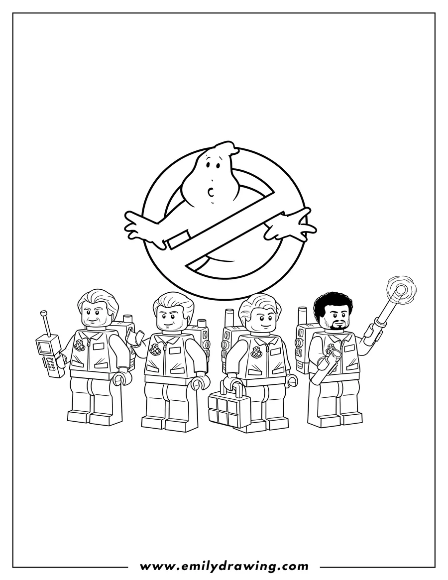 Black and white line art of lego Ghostbusters Spengler Venkman Stantz And Zeddemore standing with the Ghostbusters logo