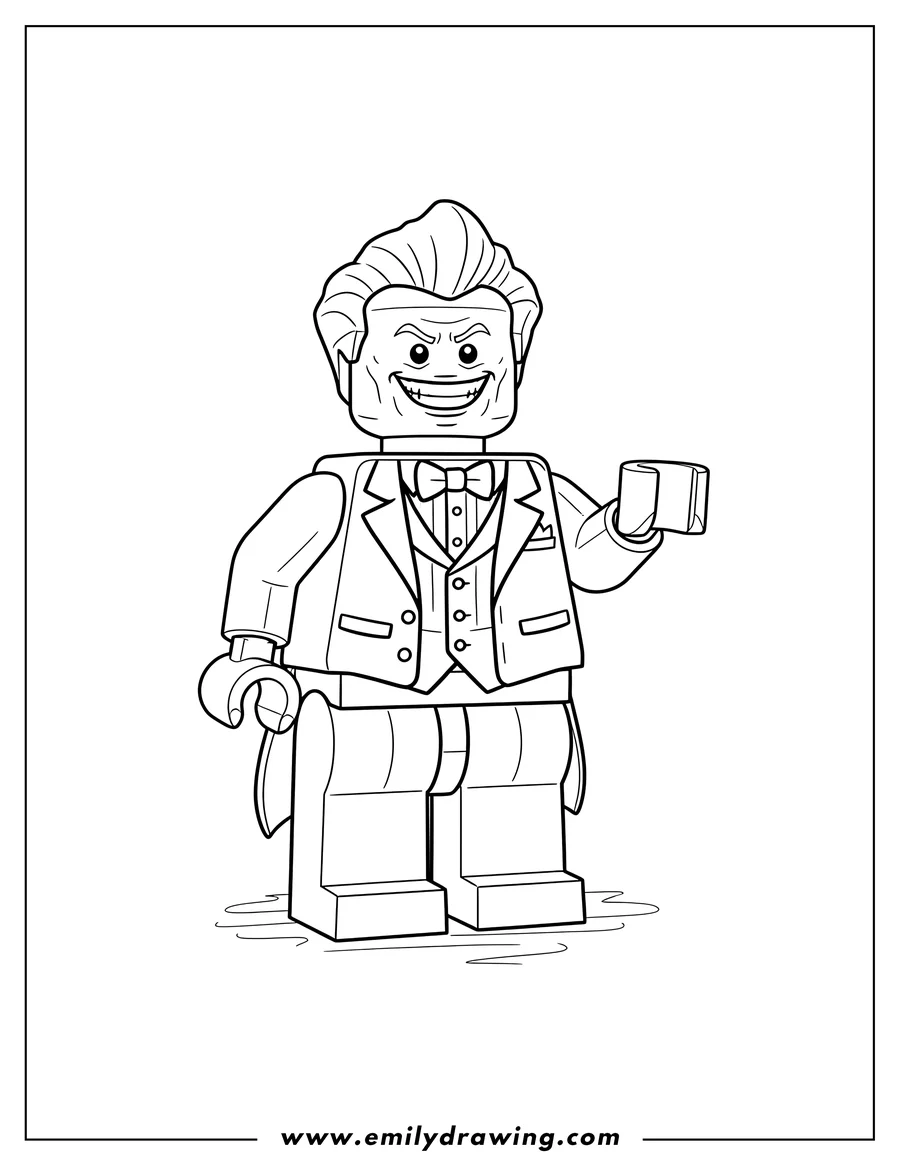 Simple sketch of lego Joker standing with a wide grin and suit to color