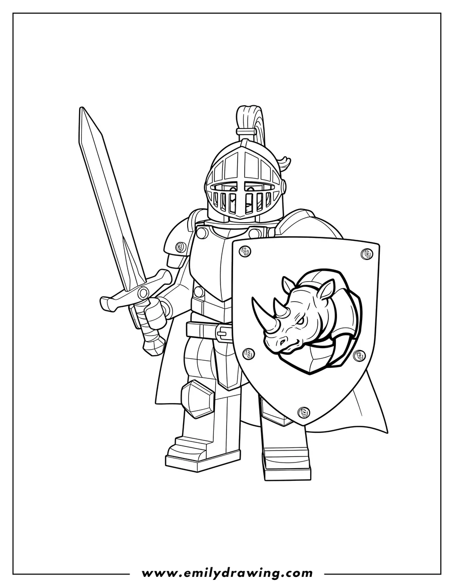 Coloring page of lego Knight holding a sword and a shield with a rhino emblem