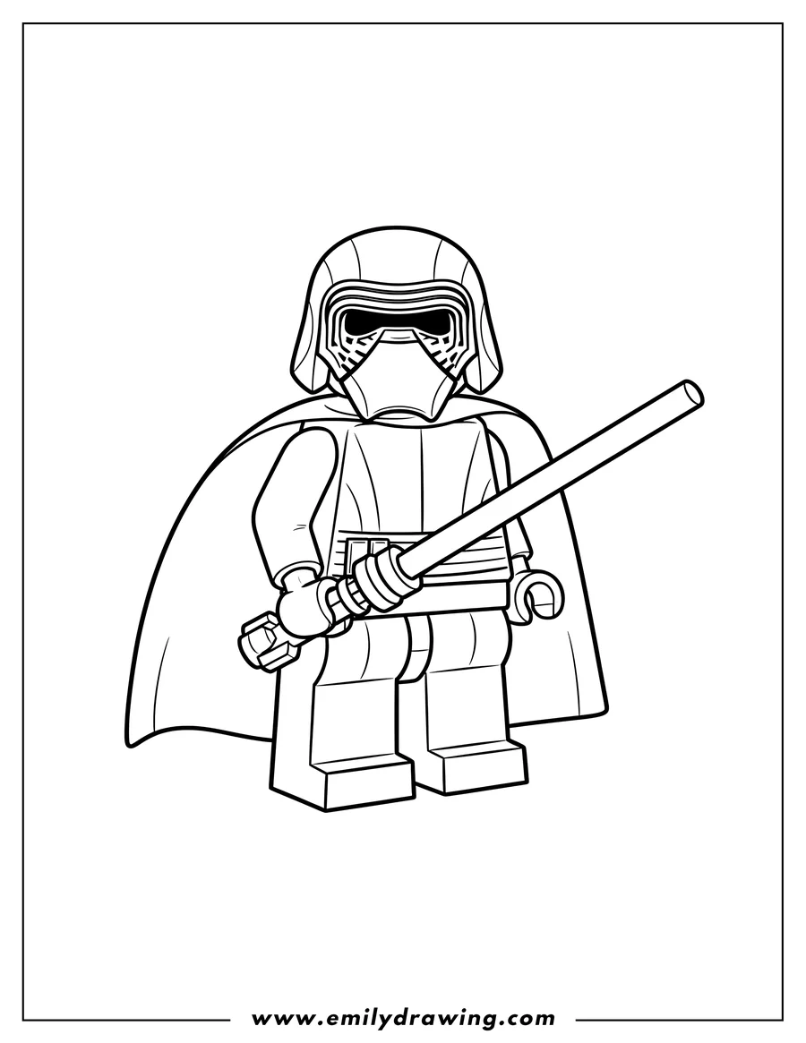 Coloring page for kids: simple Lego Kylo Ren with helmet and cape, holding a crossguard lightsaber