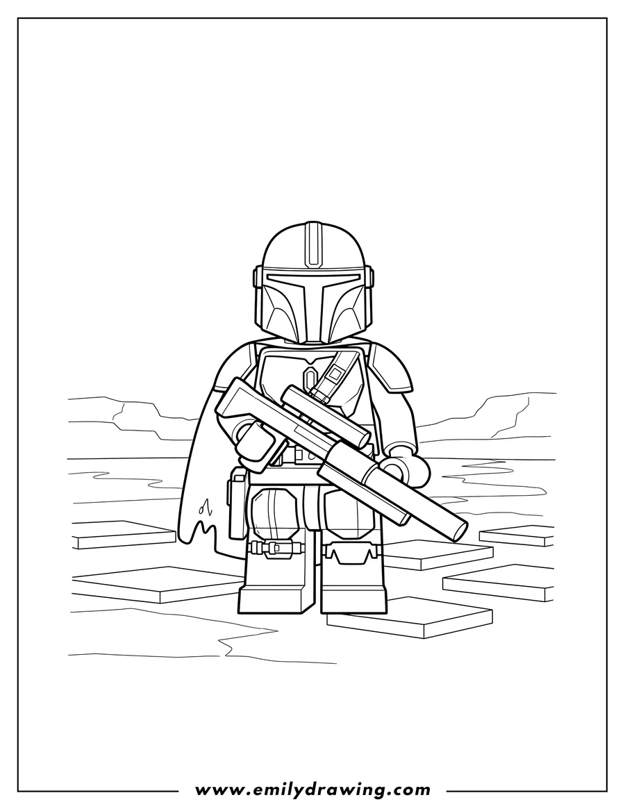 Coloring sheet featuring lego Mandalorian holding a blaster