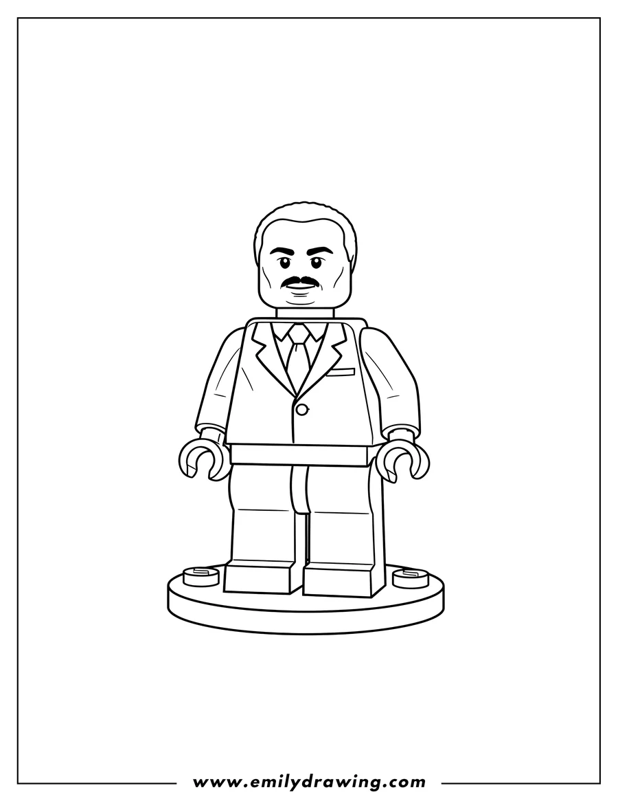 Black and white line art of lego Martin Luther King Jr standing, wearing a suit and tie, with a mustache