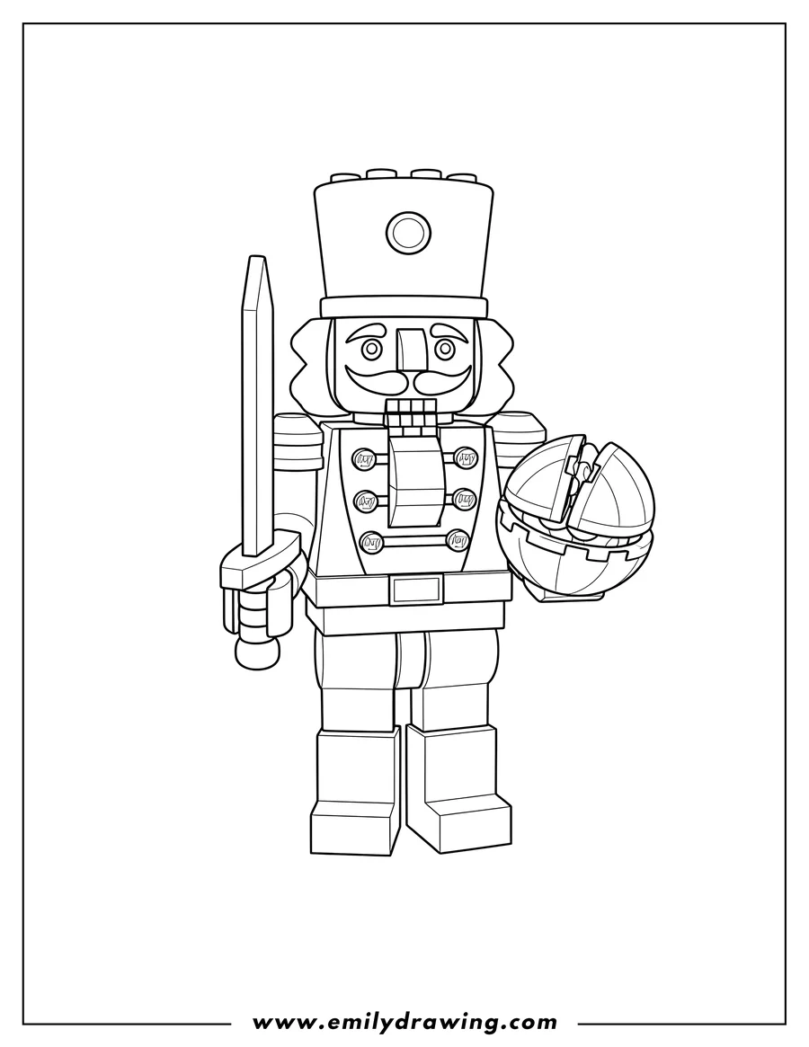 Printable line art of lego Nutcracker holding a sword and a nut