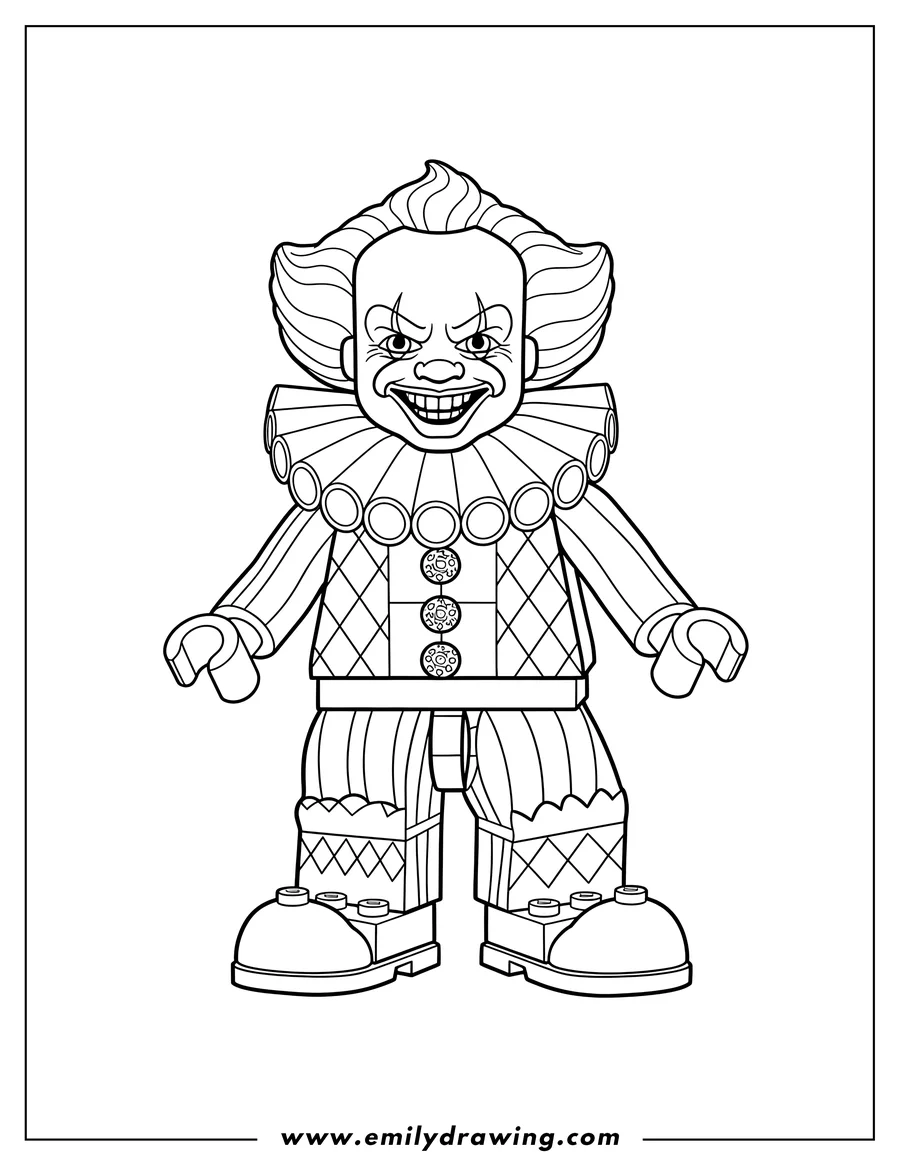 Coloring sheet featuring lego Pennywise standing, with a ruffled collar and a wide smile