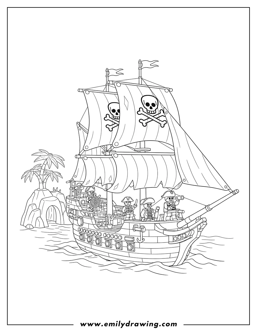 Full page coloring image of lego Pirate Ship Scaled, with skull and crossbones sails and pirates