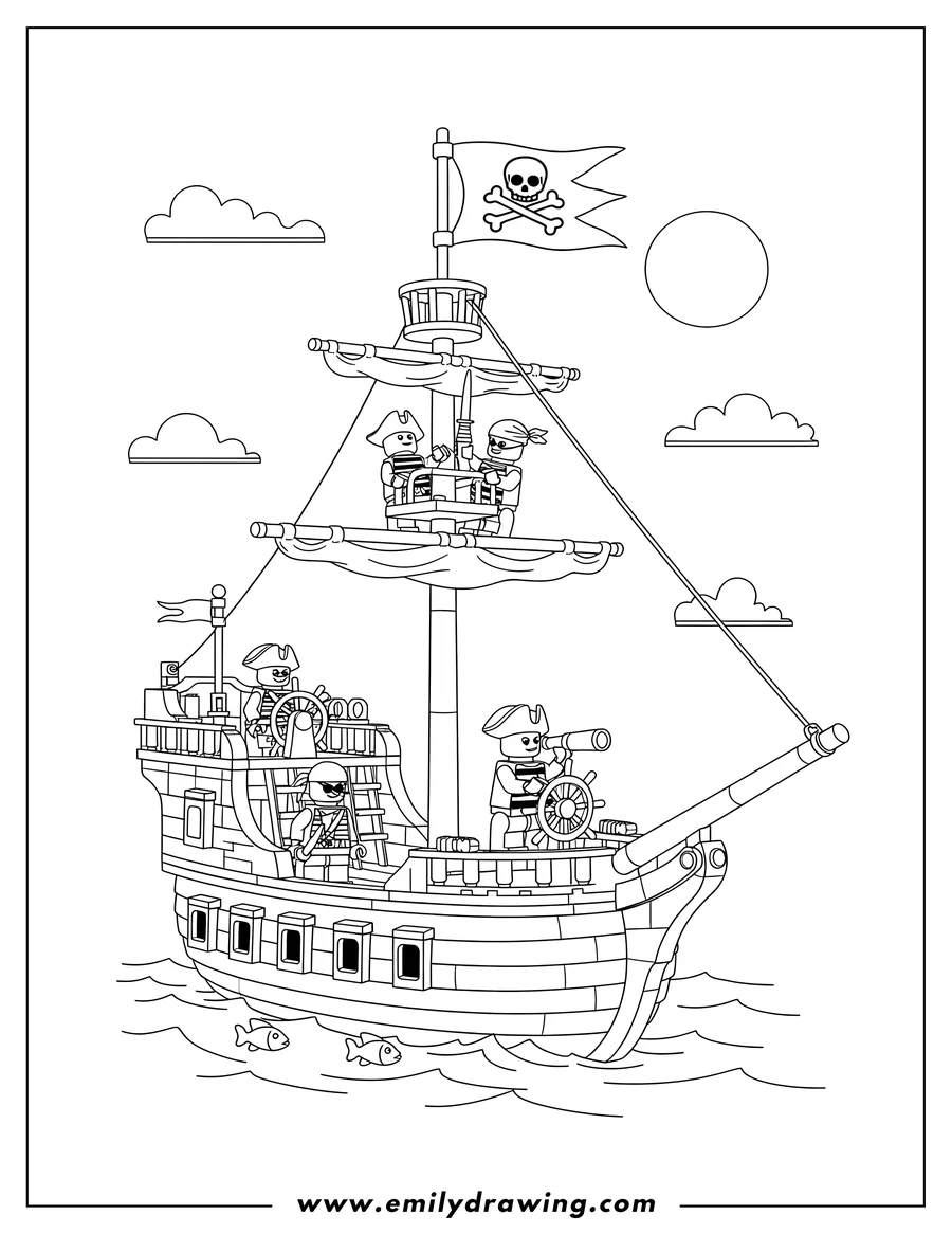 Simple sketch of lego Pirate Ship Scaled, with pirate minifigures sailing, and a skull and crossbones flag to color