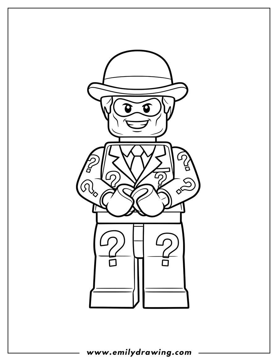 Downloadable coloring page of lego Riddler wearing a mask, smiling, with question marks