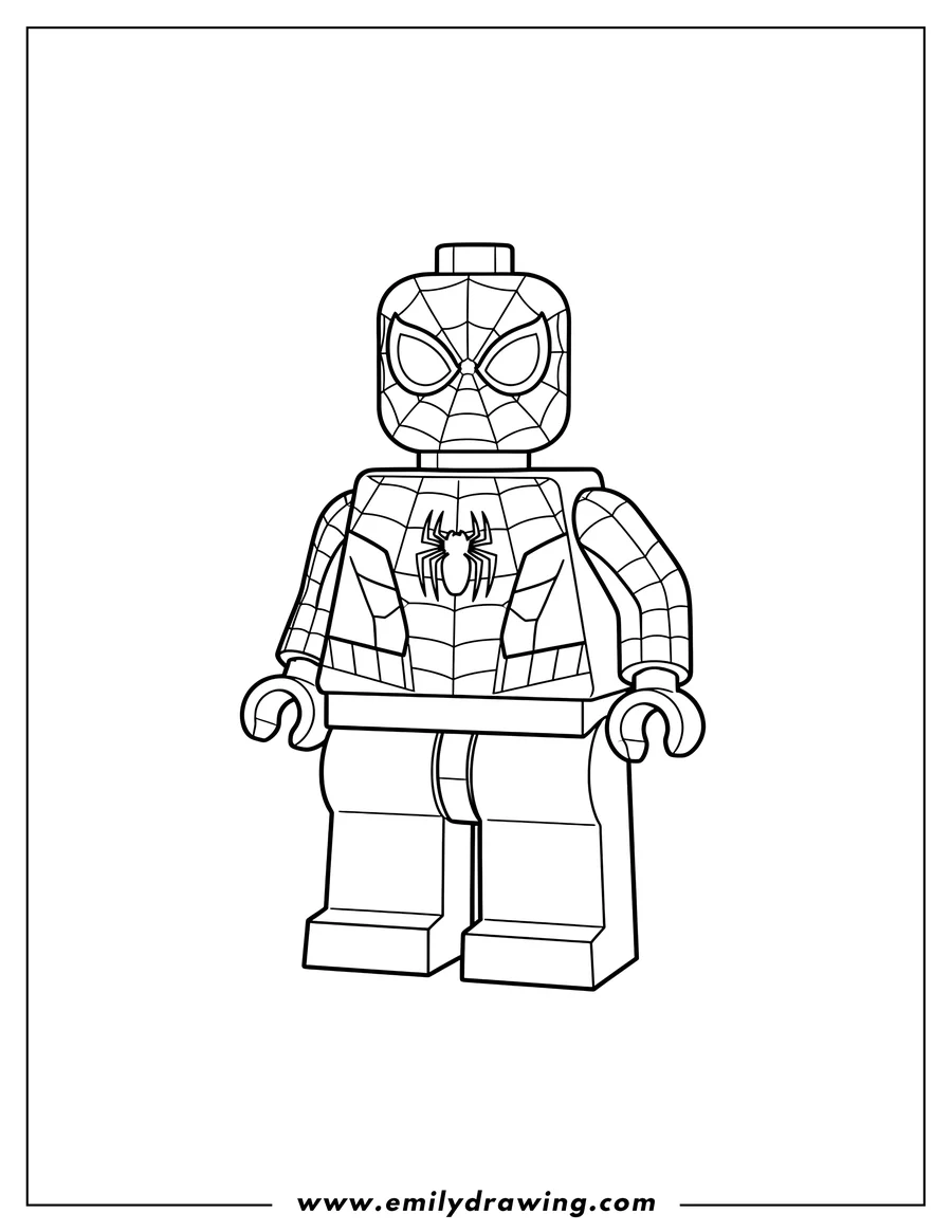Printable coloring page of simple Lego Spider Man standing