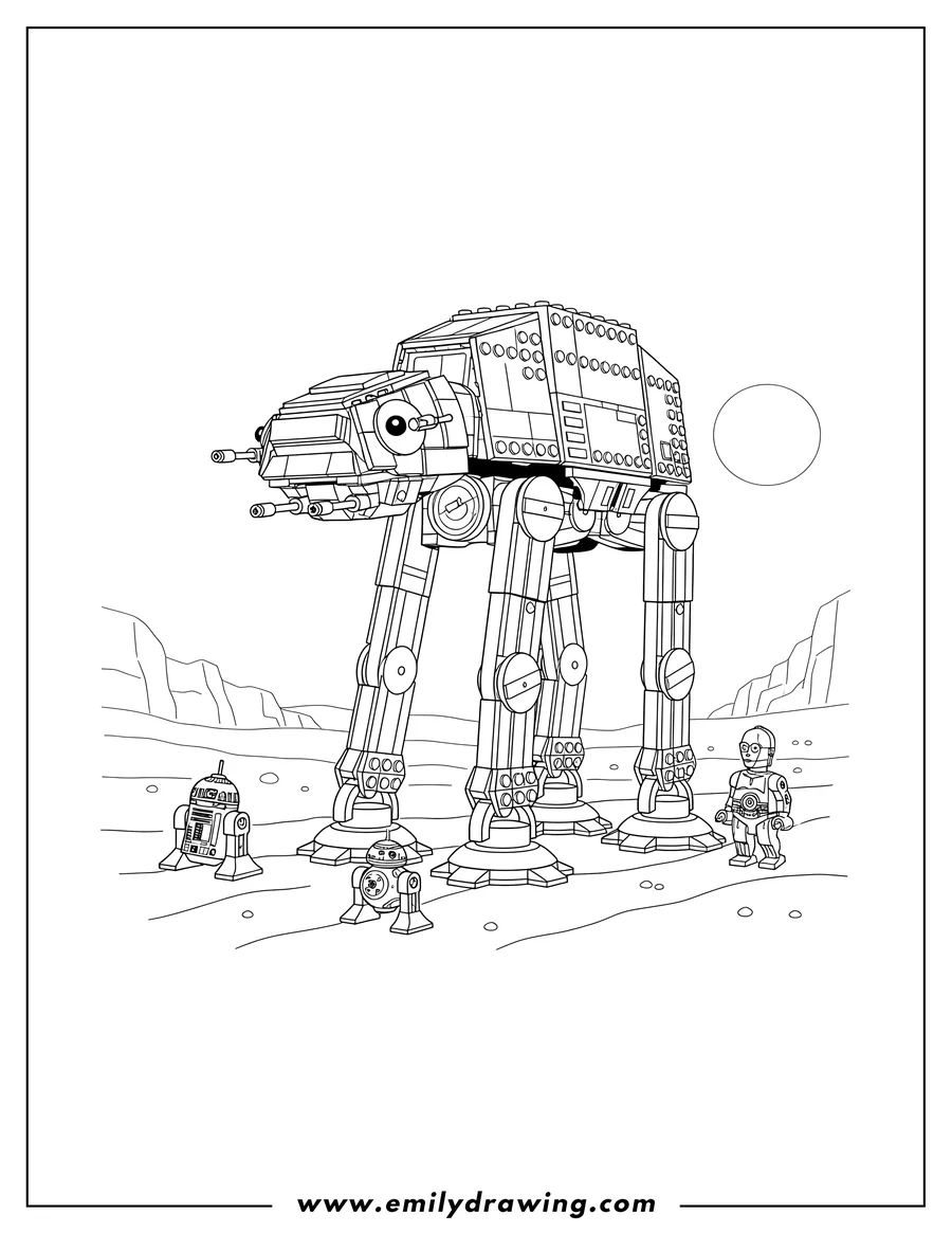 PDF style coloring page: lego Star Wars AT-AT walking with droids