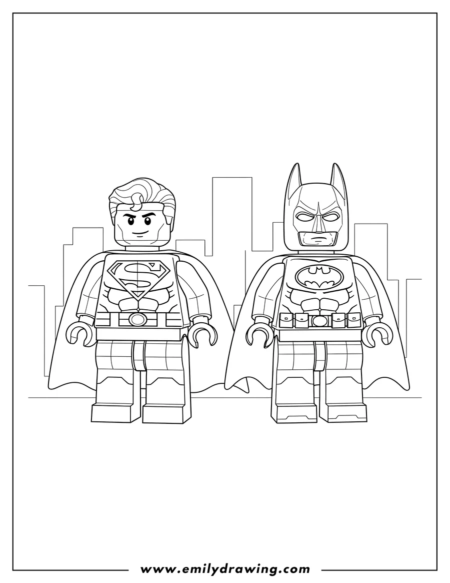 Downloadable coloring page of lego Superman And Batman Scaled, standing side-by-side, facing forward, wearing capes