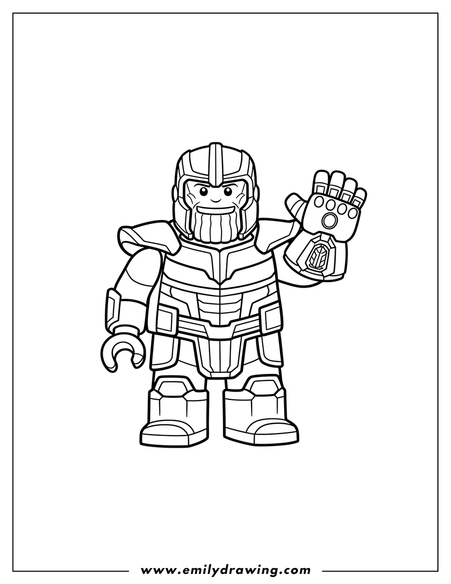 Coloring page for kids: simple Lego Thanos in armor and helmet, standing, for preschoolers
