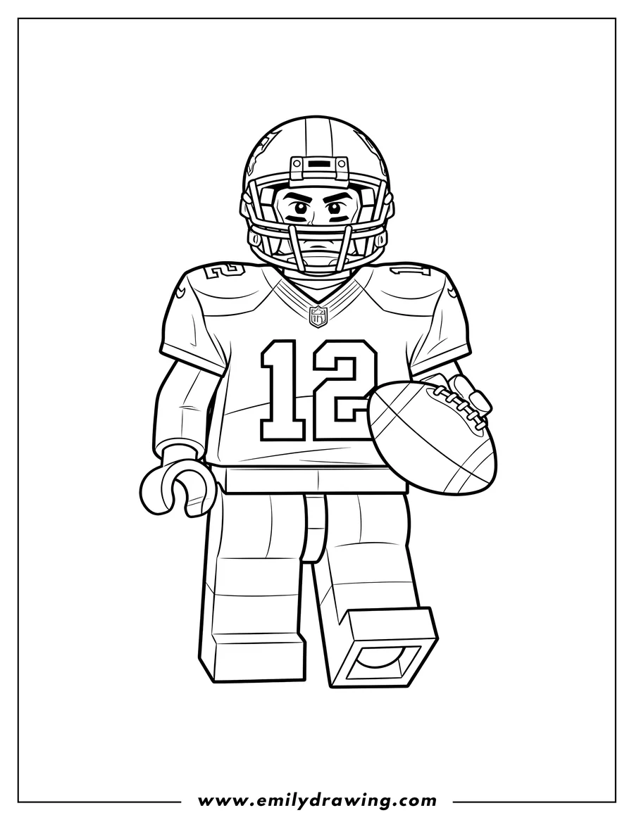 Linear illustration of lego Tom Brady wearing a helmet and a number 12 jersey, holding a football