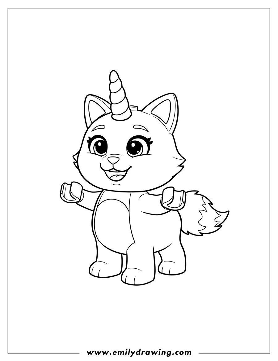 Free printable coloring sheet of lego Unicorn Cat Unkitty standing and smiling