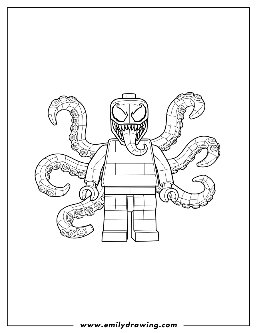 Printable coloring page of lego Venom with octopus arms standing
