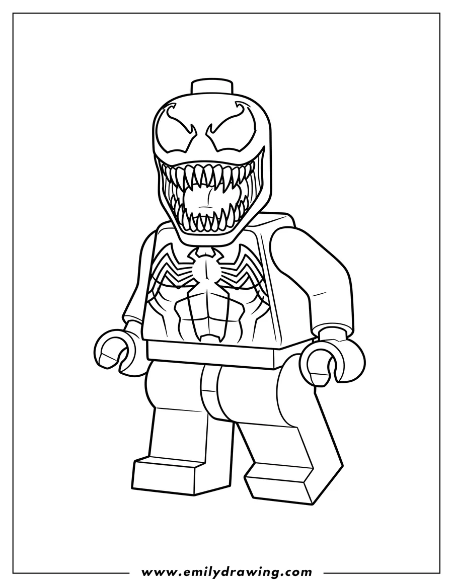 Outline drawing of lego Venom with sharp teeth and spider symbol to color