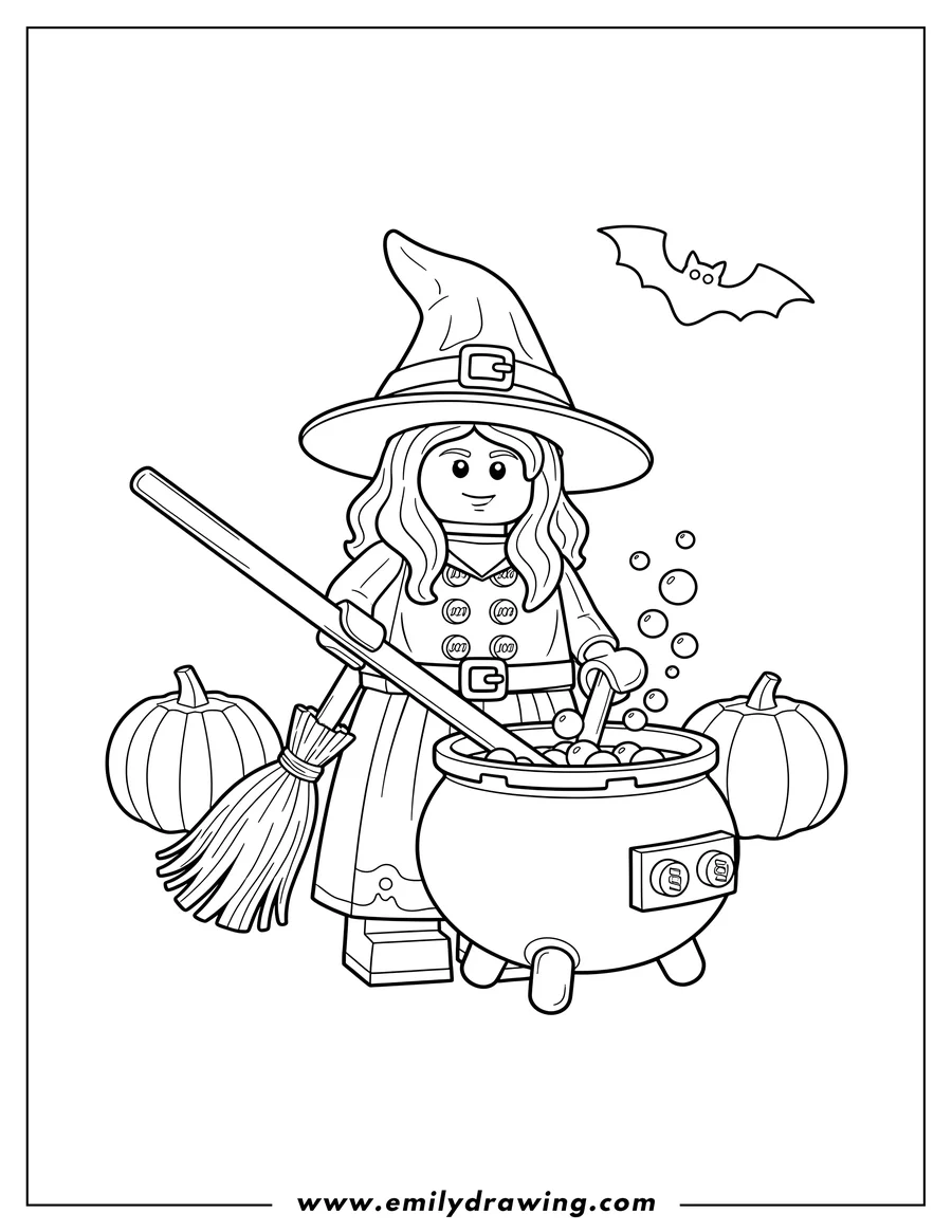 Free printable coloring sheet of lego Witch with a broom and cauldron
