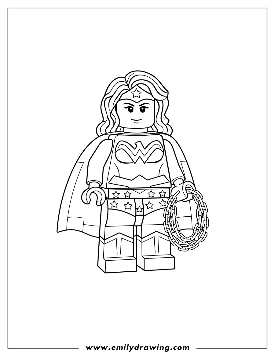 Coloring page for kids: lego Wonder Woman in her iconic costume, holding her Lasso of Truth