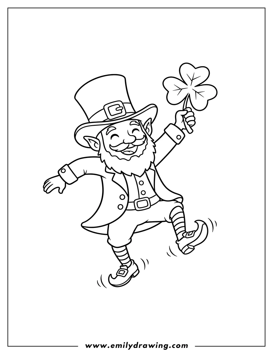 High quality printable simple Leprechaun dancing and holding a four-leaf shamrock for coloring