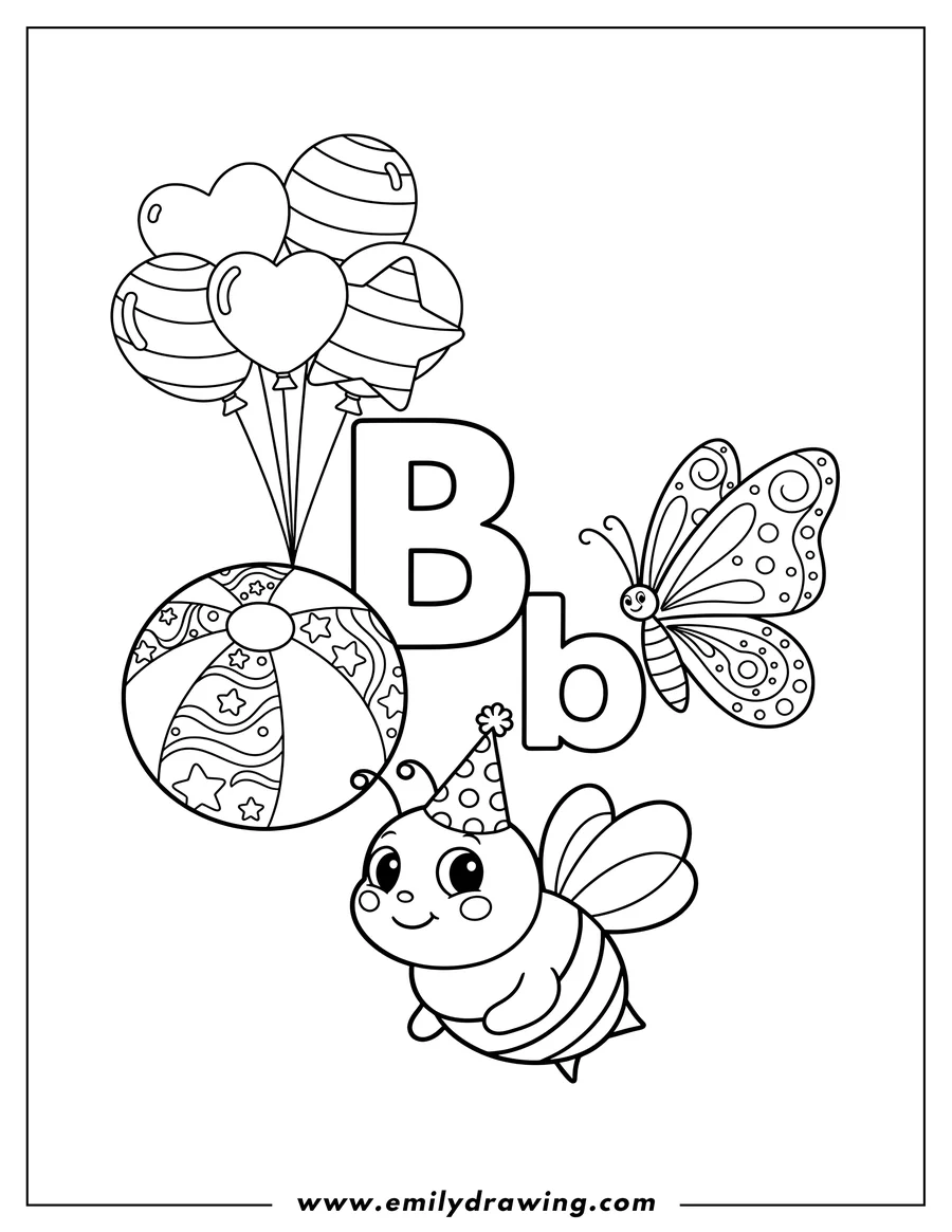 Clean line drawing: simple uppercase and lowercase Letter B with a beach Ball, a patterned Butterfly, a smiling Bee, and a bunch of Balloons
