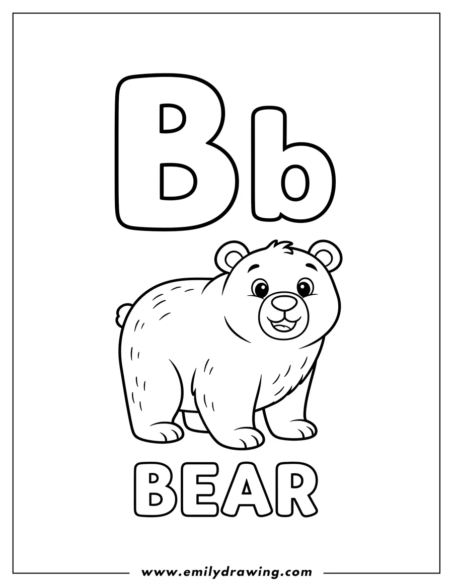Downloadable coloring page of simple uppercase and lowercase Letter B with a cute bear standing on all fours, and the word 'Bear' written below