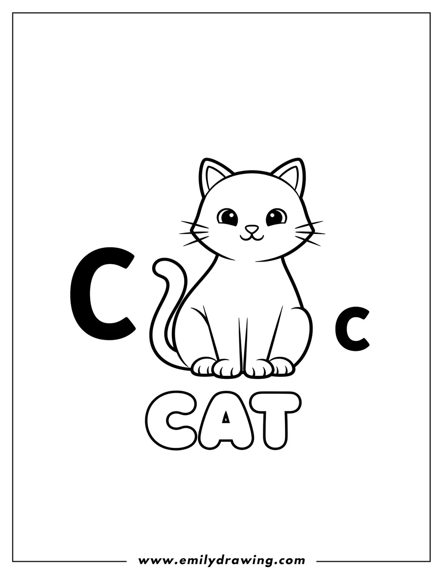 Linear illustration of simple Letter C Cat, showing an uppercase C and a lowercase c, with a sitting cat and the word CAT