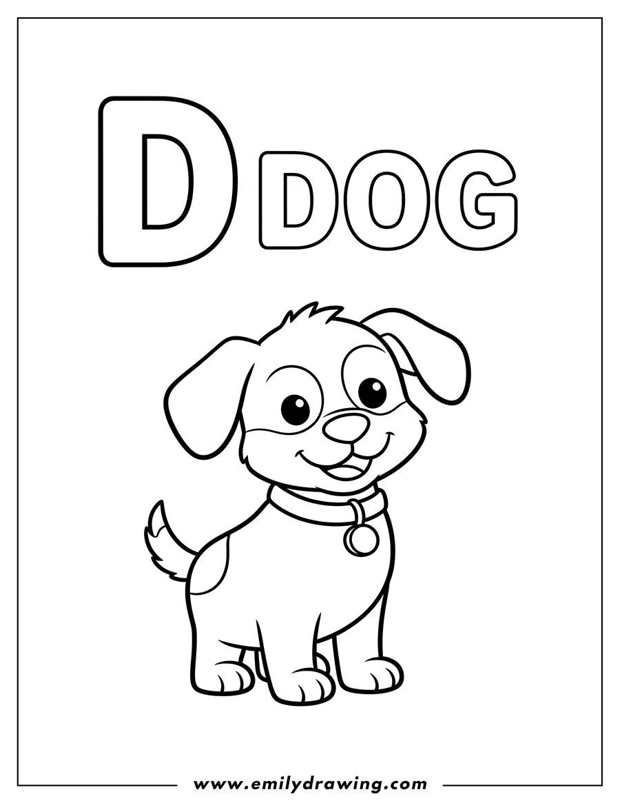Free printable coloring sheet of simple Letter D Is Dog Flashcard, featuring a standing, smiling dog with a collar