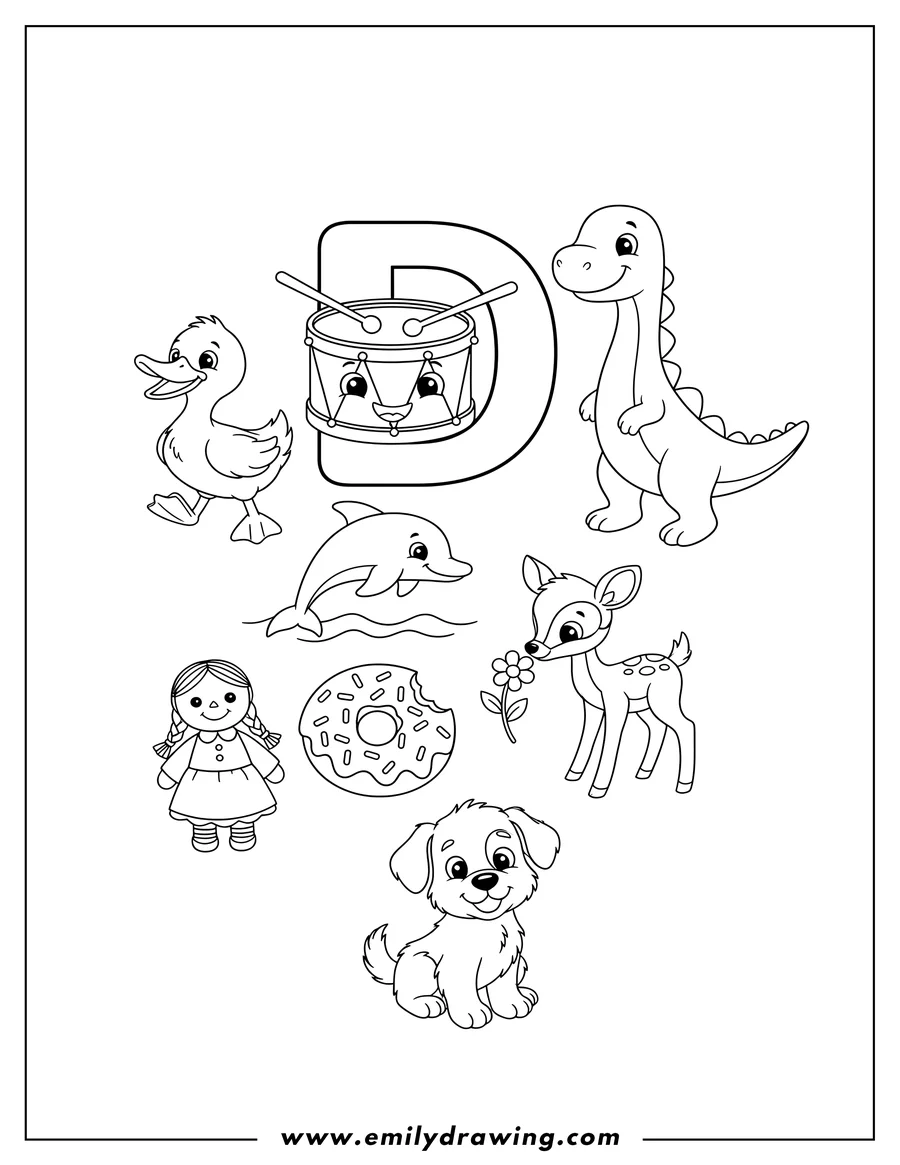 Printable line art of letter D Is Drum, Duck, Dinosaur, Donut, leaping Dolphin, spotted Deer fawn, Doll, and sitting puppy Dog