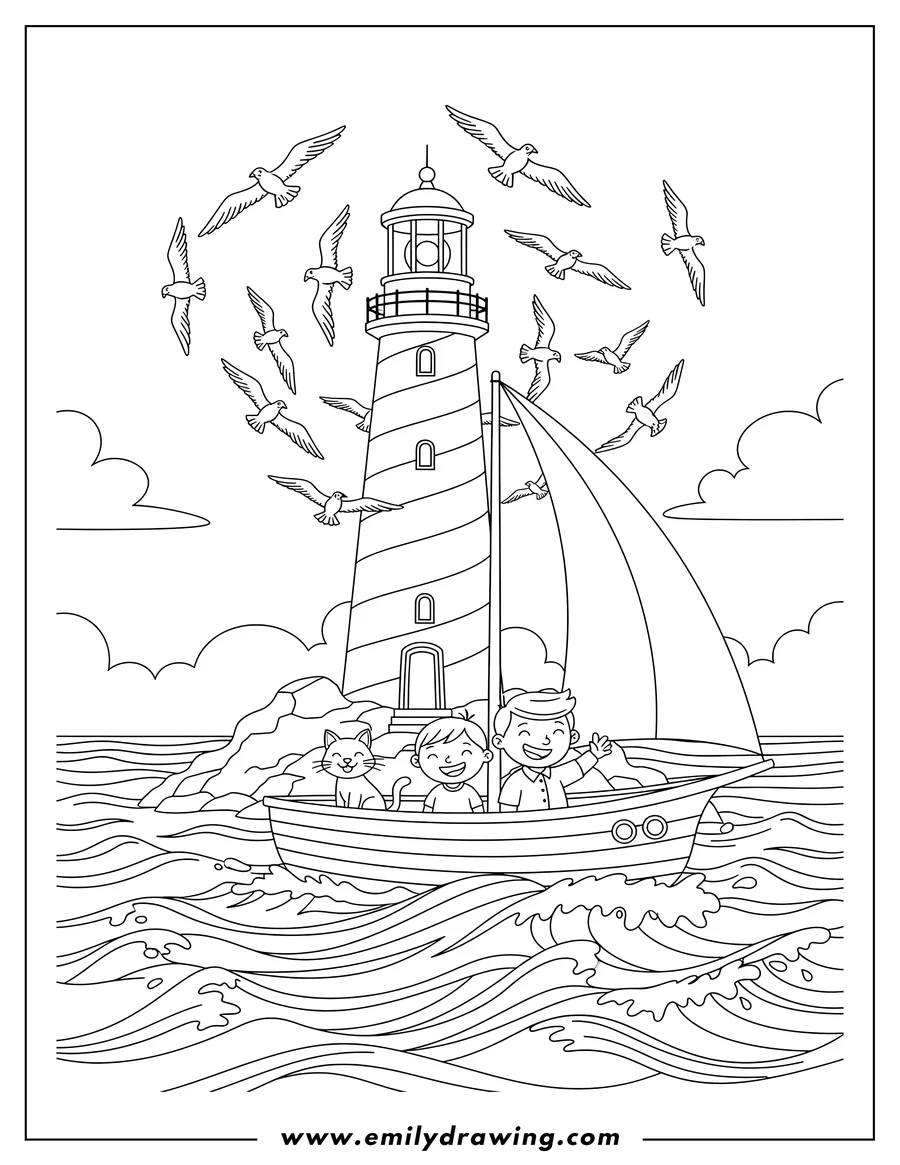 Vector style outline of lighthouse Surrounded By Seagulls With Two People and a Cat on a Boat Sailing on Waves