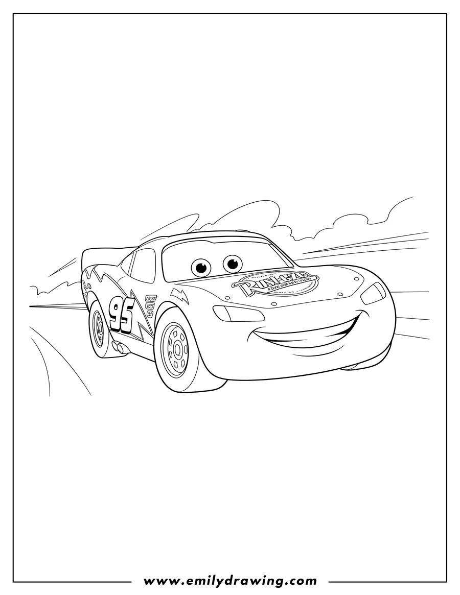 Black and white line art of simple Lightning Mcqueen Scaled racing, smiling, with eyes on his windshield