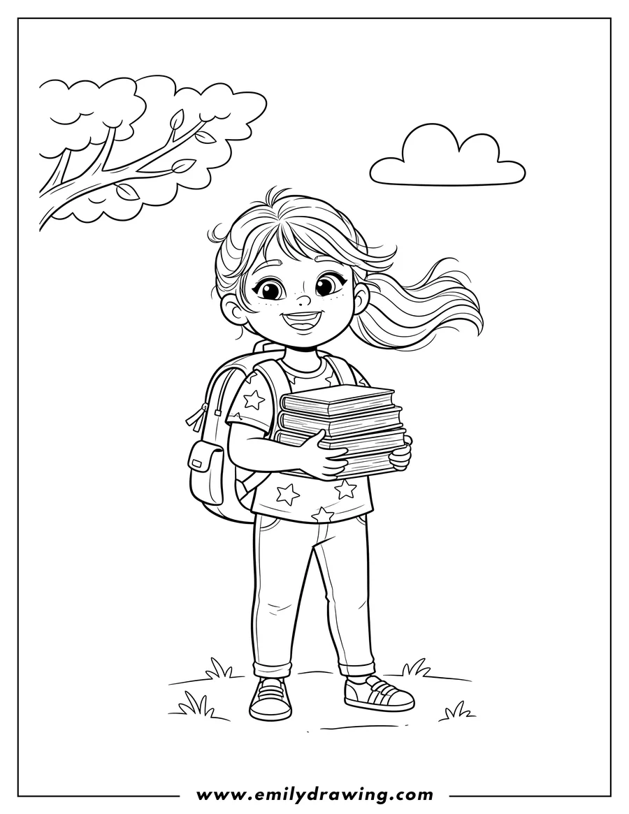 Free printable coloring sheet of smiling Lila Draper with a ponytail, holding books and wearing a backpack