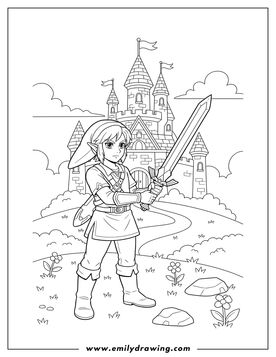Clean line drawing: link standing in front of Hyrule Castle, holding a sword and looking towards the castle