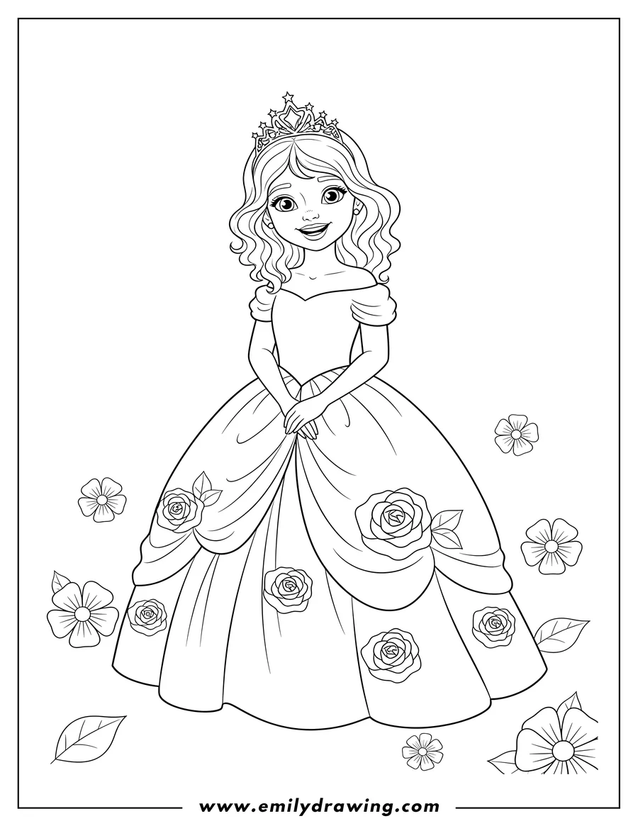 Doodle style coloring picture of little Belle Gown, smiling and wearing a tiara